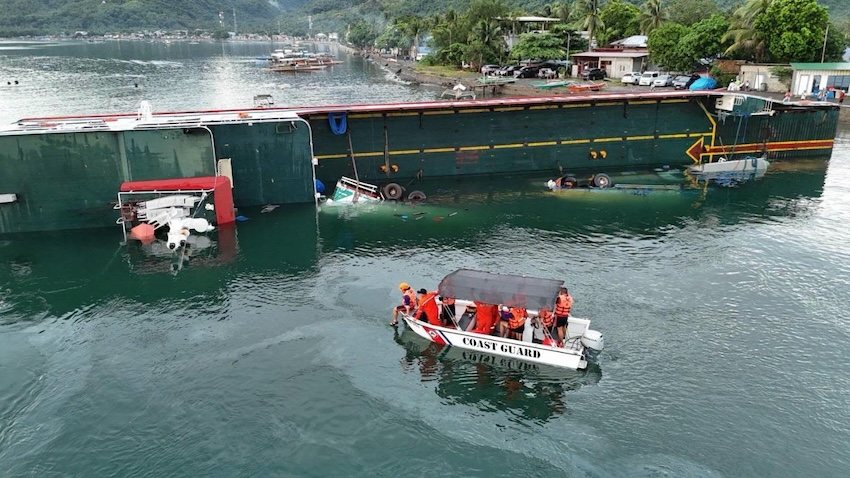 Starhorse RoRo vessel with 14 cargo trucks tilts near Quezon port