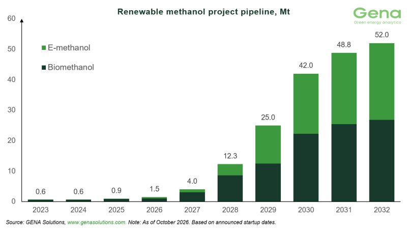 GENA Solutions: Total renewable and low-carbon methanol project pipeline decreases from 62.8 to 61.5 Mt by 2032