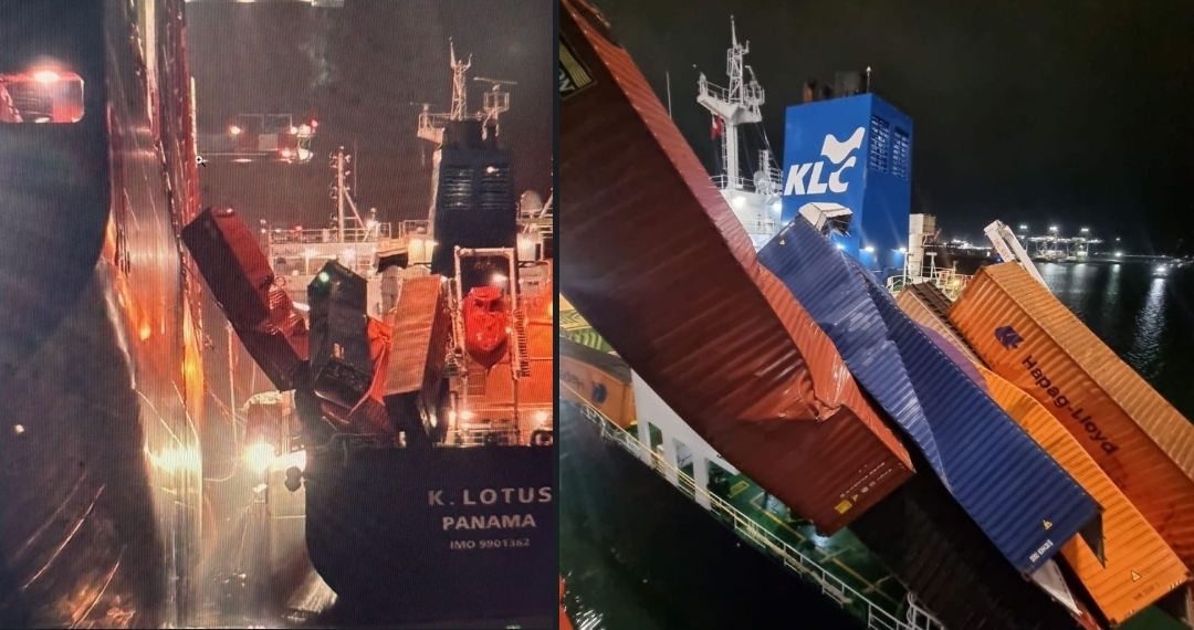 Containers fall on board the “Bangkok Express” in Rotterdam.