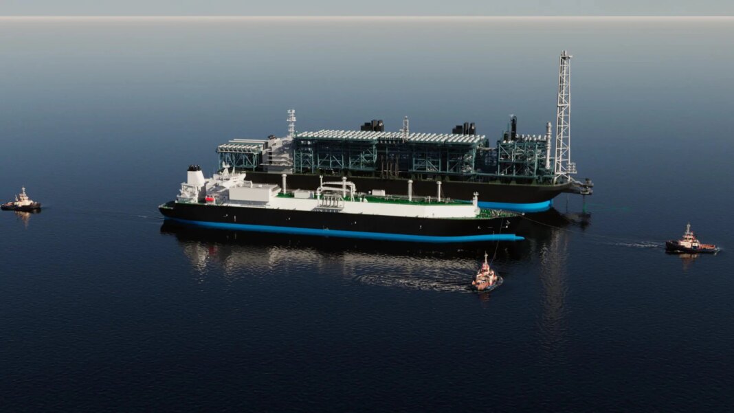 Court Dismisses Challenge to Delfin LNG Deepwater Port License Artist's rendering of Delfin LNG's floating LNG export facility and LNG carrier operating offshore in the Gulf of America, with support vessels alongside the floating liquefaction platform.