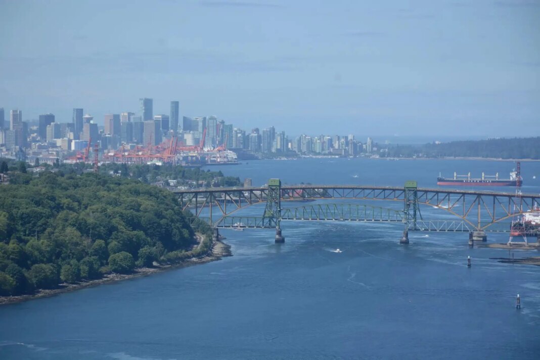First Nation Challenges Vancouver Port Dredging Approval Over Tanker Expansion Concerns Aerial of Second Narrows and Downtown Vancouver