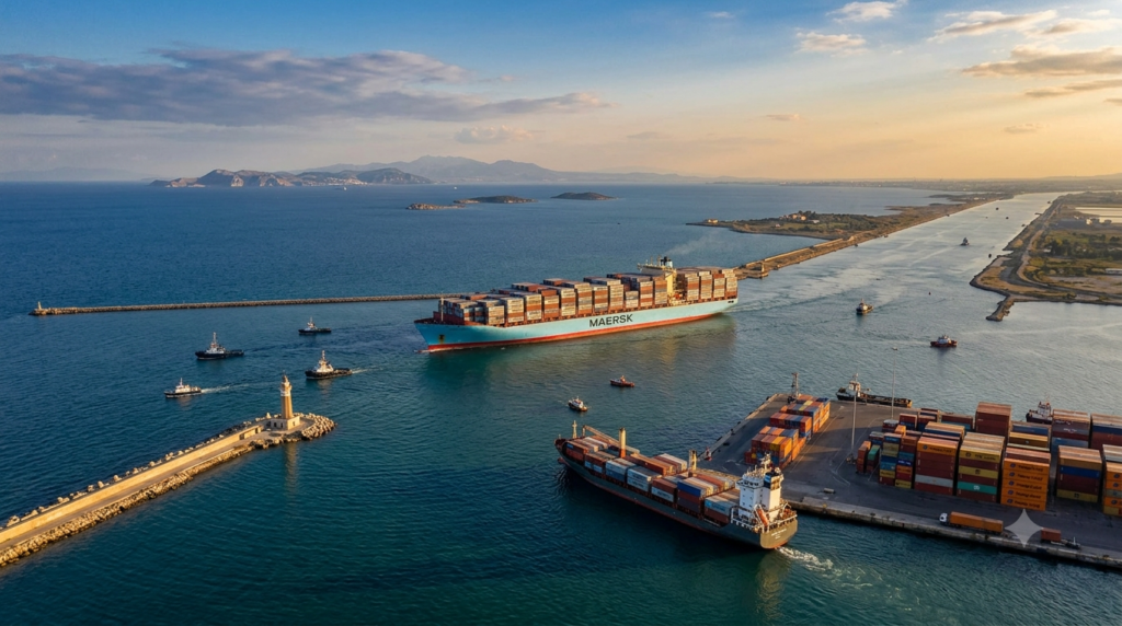 Gemini return to Suez could strengthen Eastern Mediterranean gateways An aerial, wide-angle 16:9 view of a massive container ship cruising through a calm blue waterway towards an open sea under a soft, golden sunset sky. In the foreground, a bustling Mediterranean shipping port features stacks of multicolored cargo containers and smaller support vessels docked along the pier. A stone breakwater with a small lighthouse guides the ship, while distant hills line the horizon, capturing a strategic maritime gateway. Gemini return to Suez could strengthen Eastern Mediterranean gateways