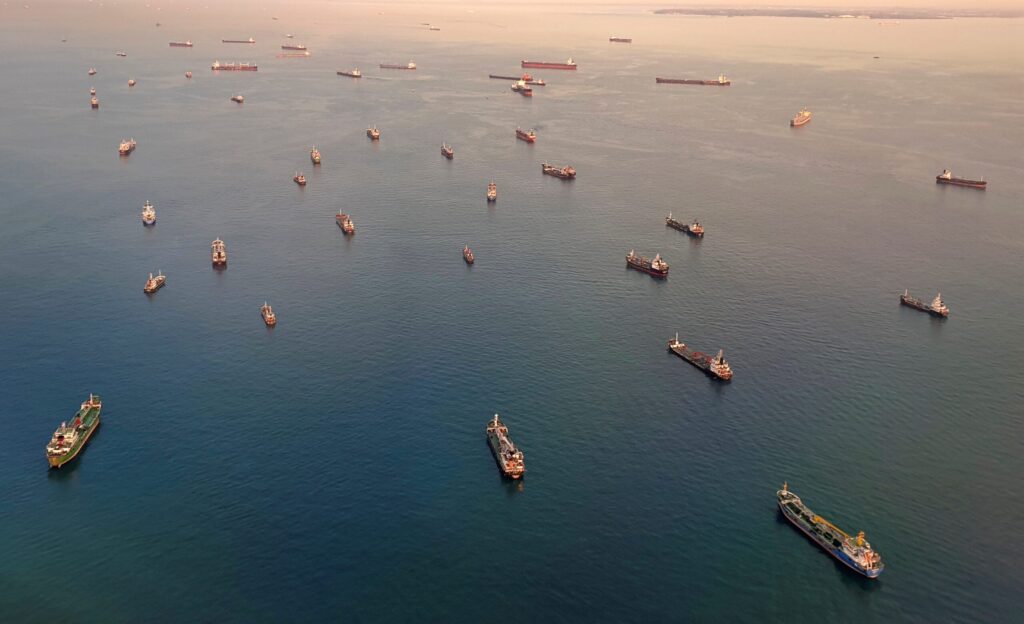An aerial view of vessels in the Singapore Strait