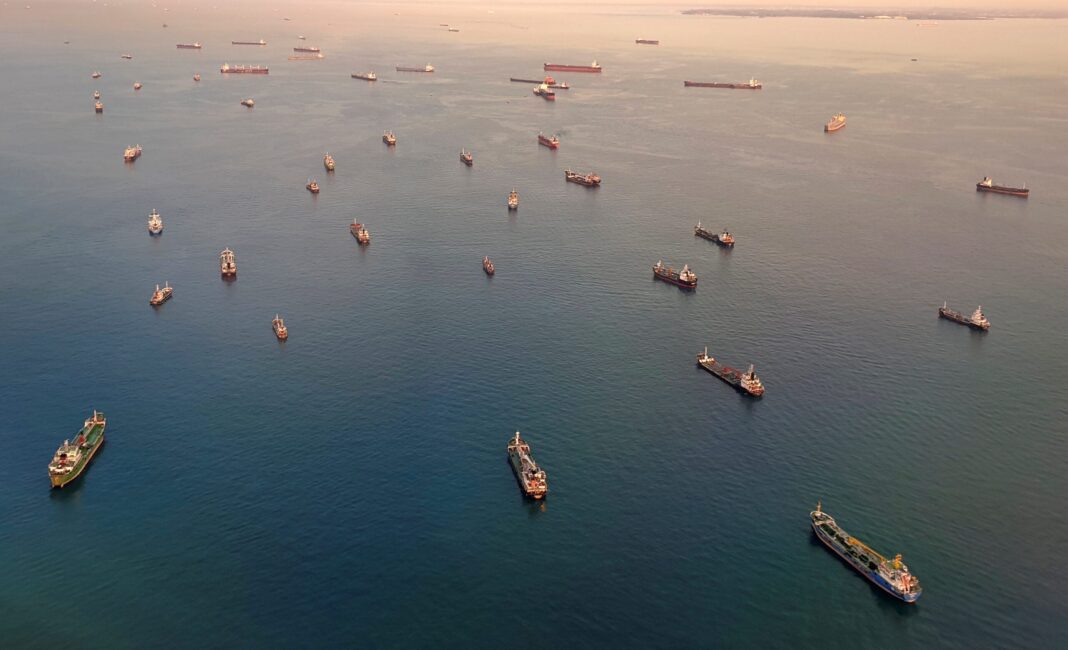 Indonesia, Singapore Reaffirm Free Passage in Strait of Malacca An aerial view of vessels in the Singapore Strait