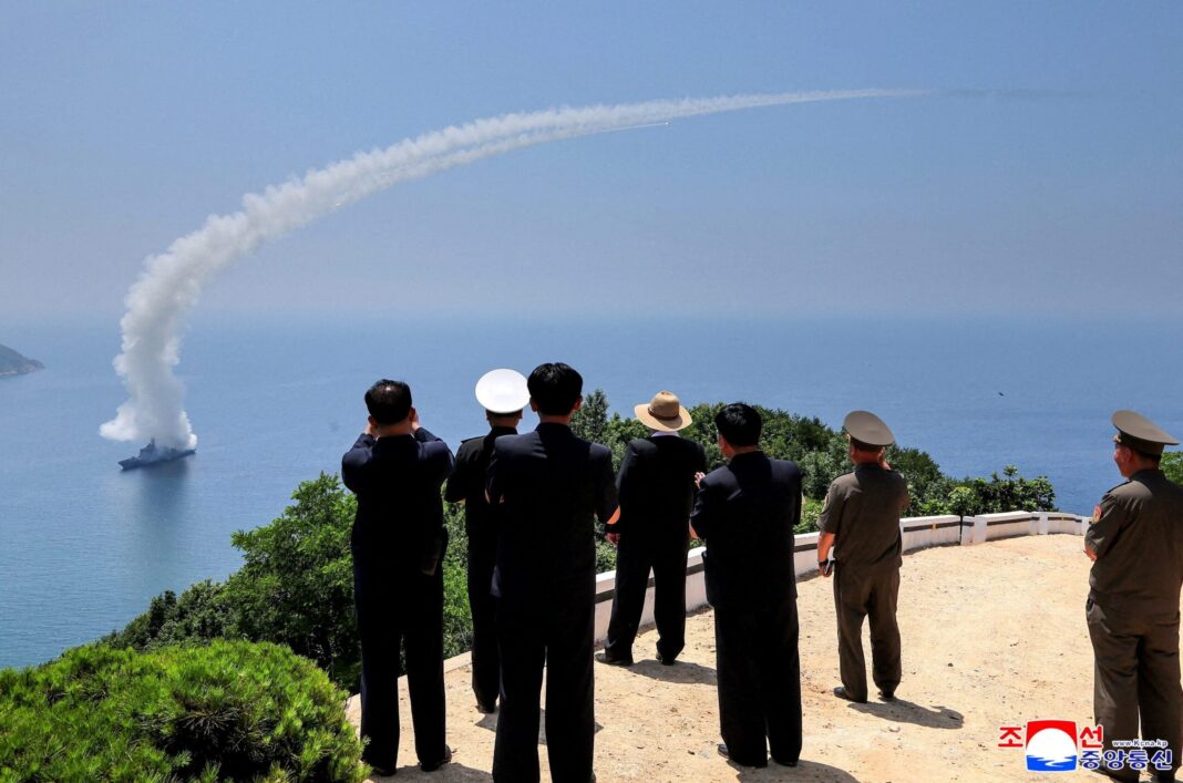 North Korea’s Kim Observed Naval Destroyer Cruise Missile Launch North Korean leader Kim Jong Un observes an assessment of the newly built naval destroyer Kang Kon's combat systems