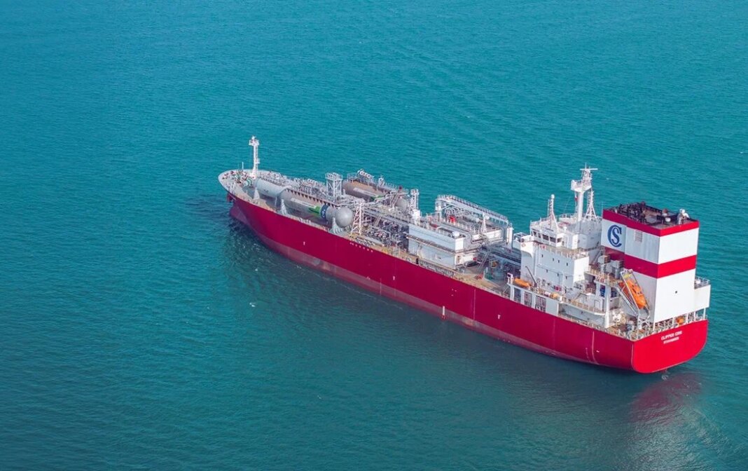 Onboard Carbon Capture Edges Toward Commercial Reality, But Challenges Remain Aerial view of the LPG carrier Clipper Eris sailing at sea, showing its deck-mounted cargo tanks and onboard carbon capture system.