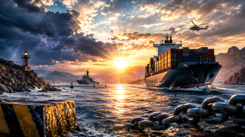 Readers Speak: Shipping vulnerability still defines the Hormuz crisis Cinematic cover image showing a large container ship transiting the Strait of Hormuz at sunset under dramatic storm clouds, accompanied by a naval vessel and helicopter, symbolizing ongoing maritime security risks and the vulnerability of global shipping routes.