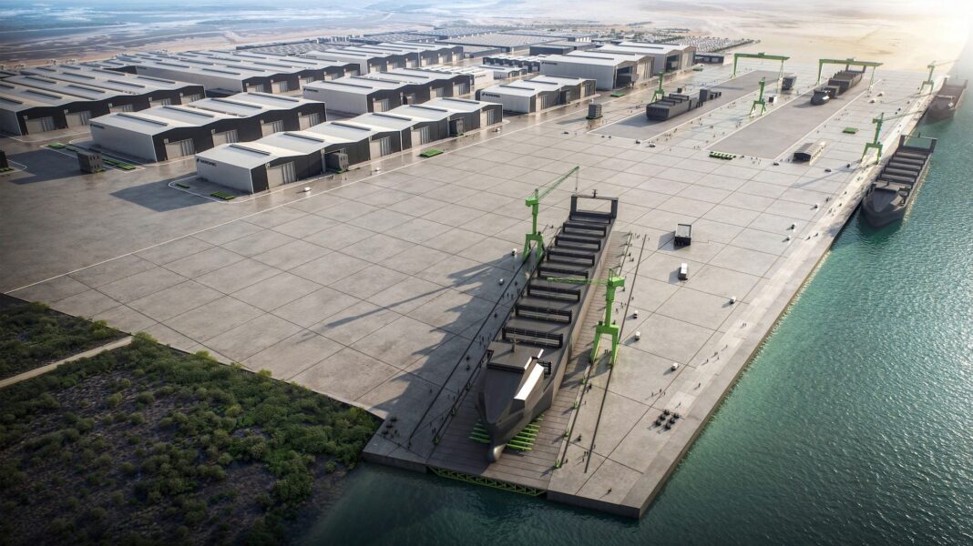 Artist's rendering of Saronic's planned Port Alpha shipyard in Brownsville, Texas, showing multiple construction halls, waterfront assembly areas, and large vessels under construction along the quay.